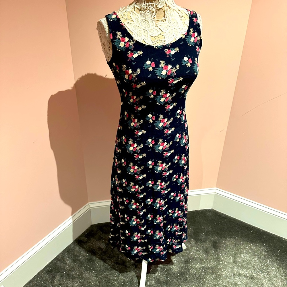 Vintage Navy Floral Sleeveless Midi Dress